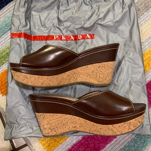 PRADA Brown Leather Logo Cork Platform Open-Toe Wedge Sandals - Picture 7 of 16